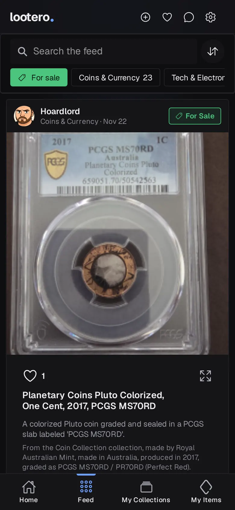 A Lootero feed card with a For Sale tag linking to the seller's listing