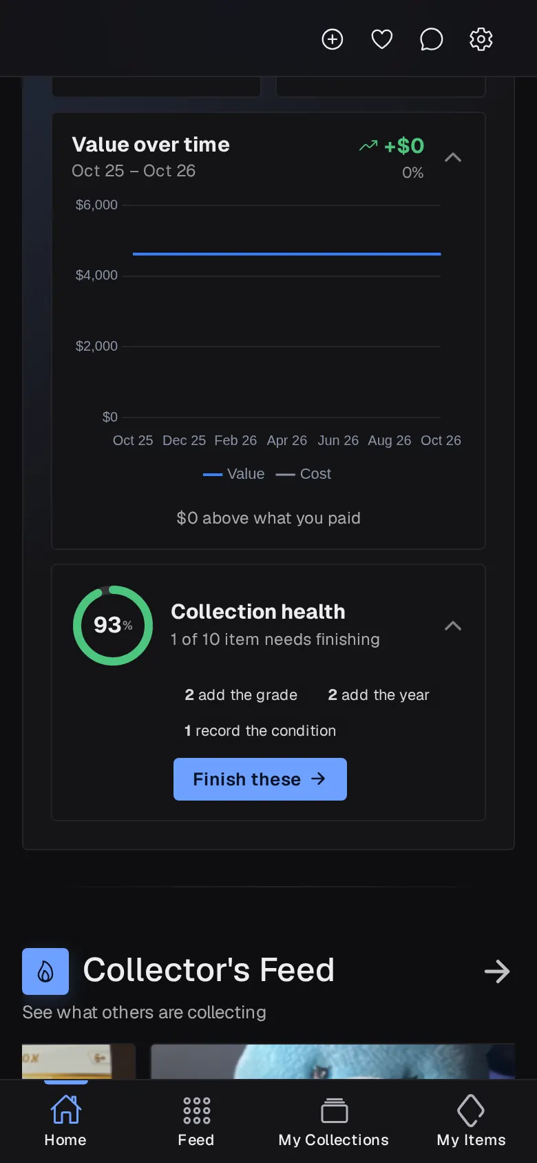 Lootero's Value over time chart and Collection health score on the Home screen