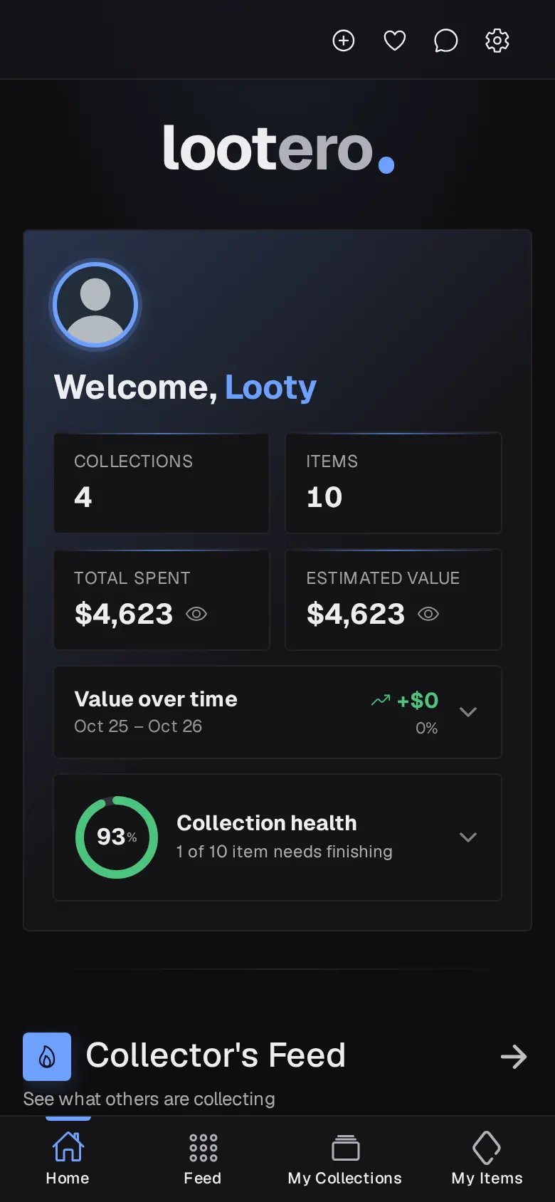 The Lootero Home screen with collection, item, spend and value totals