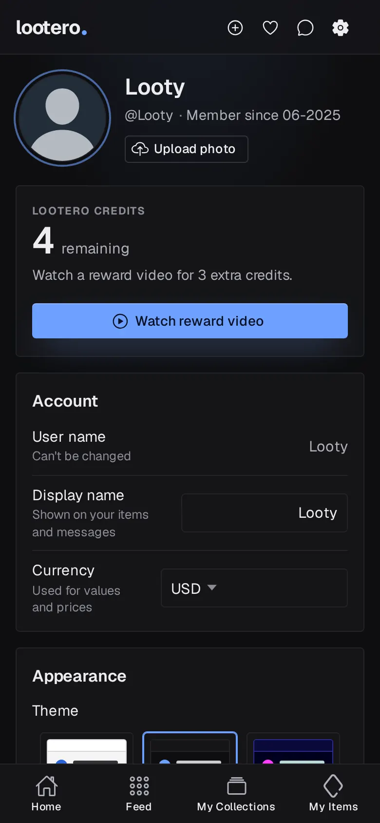 Lootero settings showing 4 credits remaining, the Watch reward video button and Account details